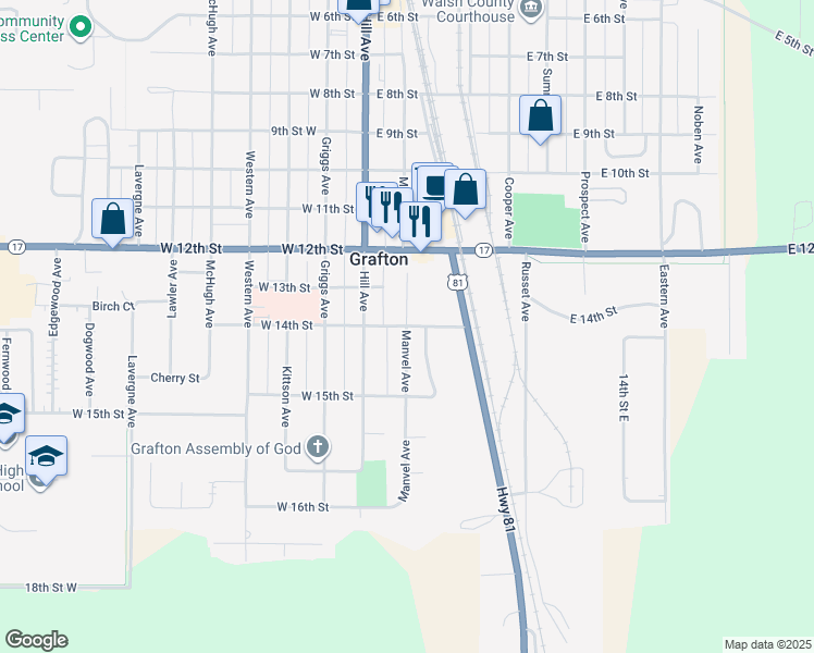 map of restaurants, bars, coffee shops, grocery stores, and more near 1401 Manvel Avenue in Grafton