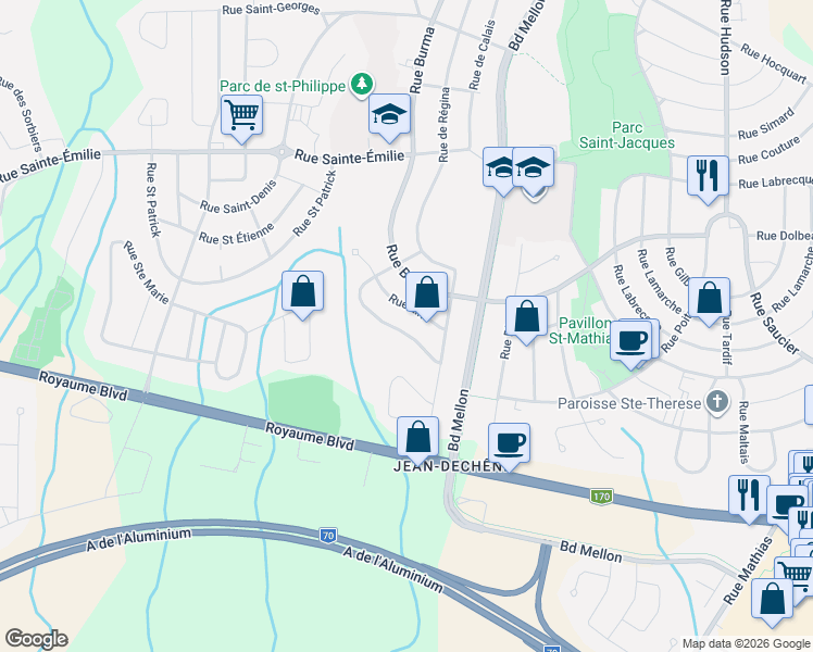 map of restaurants, bars, coffee shops, grocery stores, and more near 2293 Rue d'Ortona in Saguenay