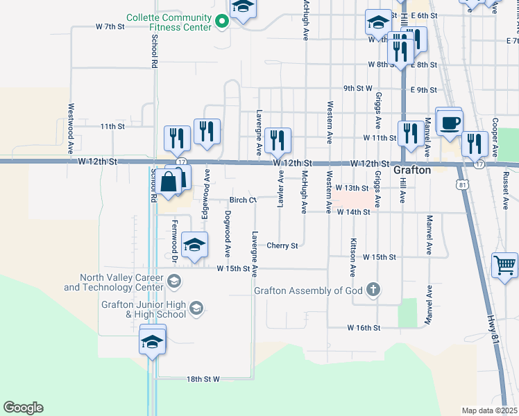 map of restaurants, bars, coffee shops, grocery stores, and more near 601-683 Birch Court in Grafton