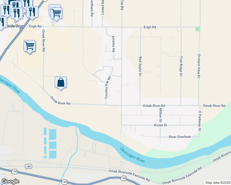 map of restaurants, bars, coffee shops, grocery stores, and more near 11 Sand Flat Road in Omak