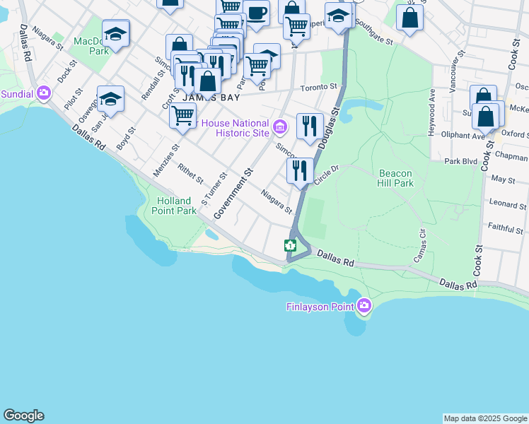 map of restaurants, bars, coffee shops, grocery stores, and more near 648 Battery Street in Victoria