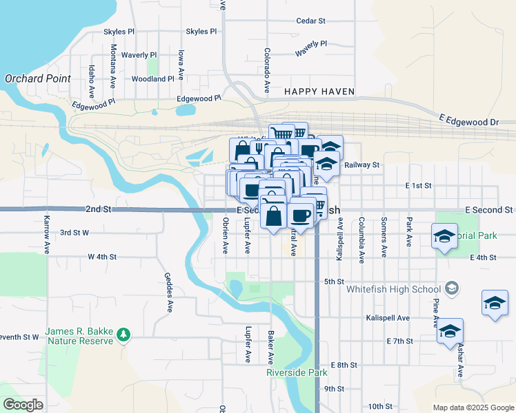 map of restaurants, bars, coffee shops, grocery stores, and more near 326 East Second Street in Whitefish