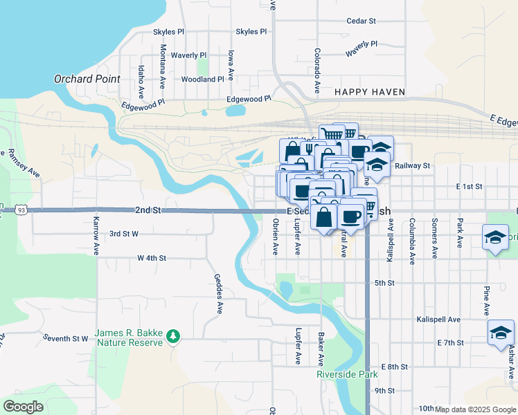 map of restaurants, bars, coffee shops, grocery stores, and more near 100 East Second Street in Whitefish