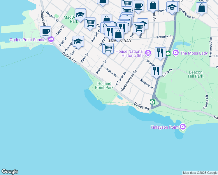 map of restaurants, bars, coffee shops, grocery stores, and more near Holland Point Shoreline Trail in Victoria