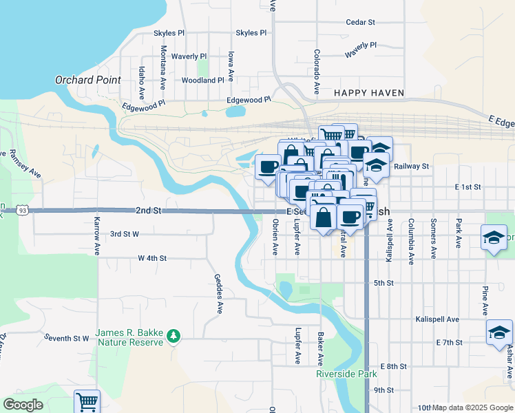 map of restaurants, bars, coffee shops, grocery stores, and more near 100 East Second Street in Whitefish