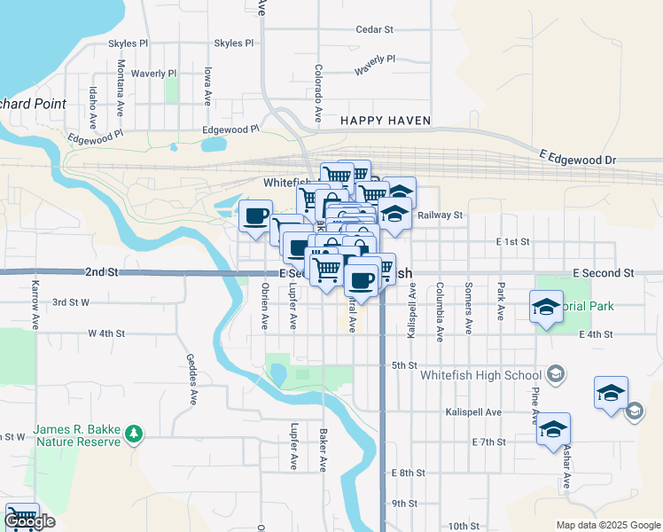 map of restaurants, bars, coffee shops, grocery stores, and more near 418 East Second Street in Whitefish