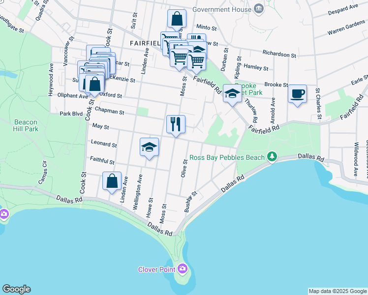 map of restaurants, bars, coffee shops, grocery stores, and more near 196 Olive Street in Victoria