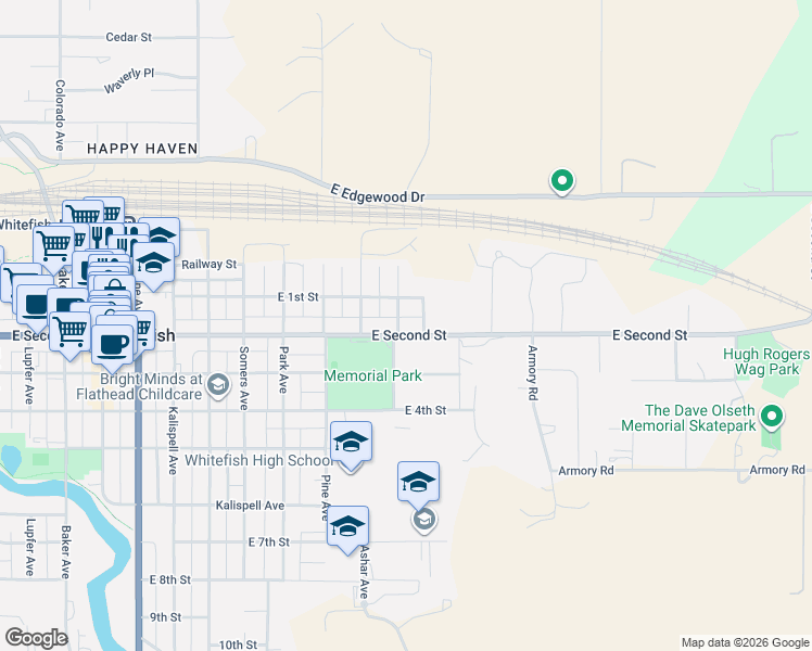 map of restaurants, bars, coffee shops, grocery stores, and more near 116 Larch Ave in Whitefish