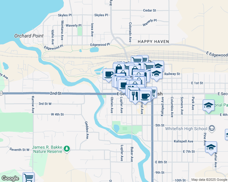map of restaurants, bars, coffee shops, grocery stores, and more near 214 East Second Street in Whitefish