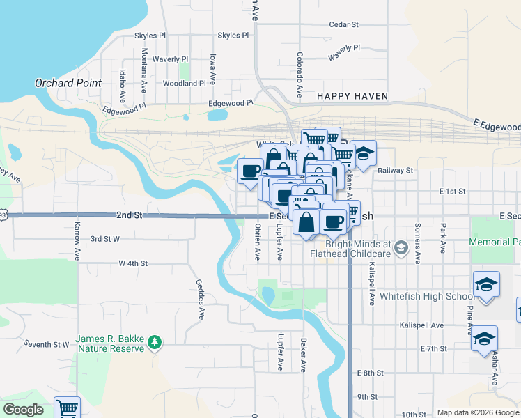 map of restaurants, bars, coffee shops, grocery stores, and more near 214 East Second Street in Whitefish