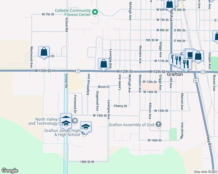 map of restaurants, bars, coffee shops, grocery stores, and more near 601 Birch Court in Grafton