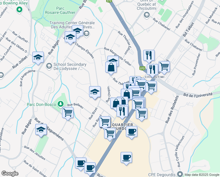 map of restaurants, bars, coffee shops, grocery stores, and more near 1069 Rue Chopin in Saguenay