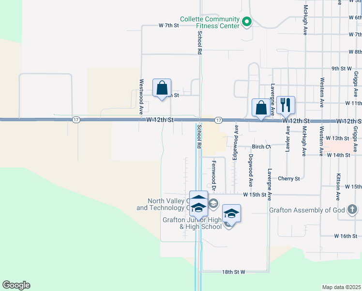 map of restaurants, bars, coffee shops, grocery stores, and more near 1102 West 12th Street in Grafton
