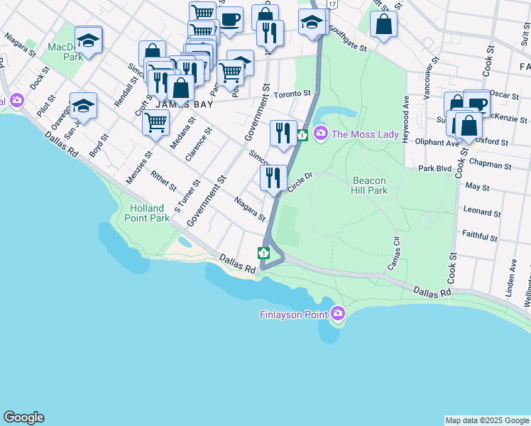 map of restaurants, bars, coffee shops, grocery stores, and more near 110 Douglas Street in Victoria