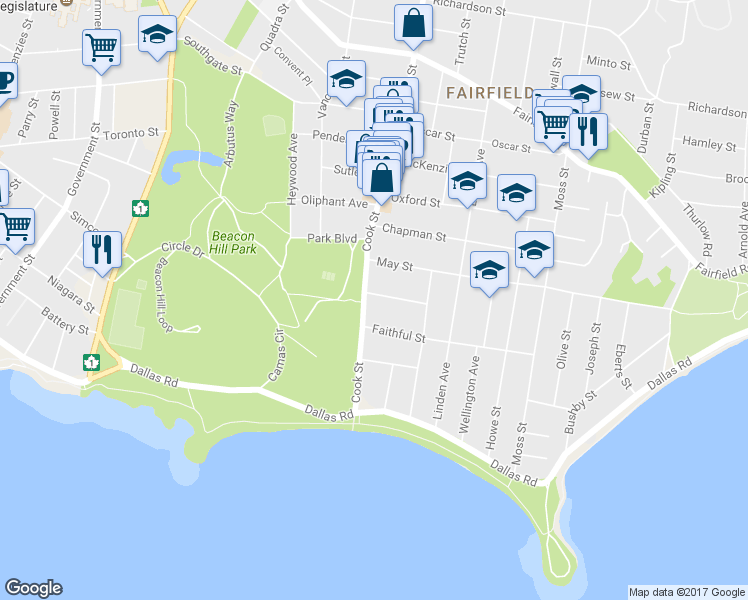map of restaurants, bars, coffee shops, grocery stores, and more near 139 Cook Street in Victoria