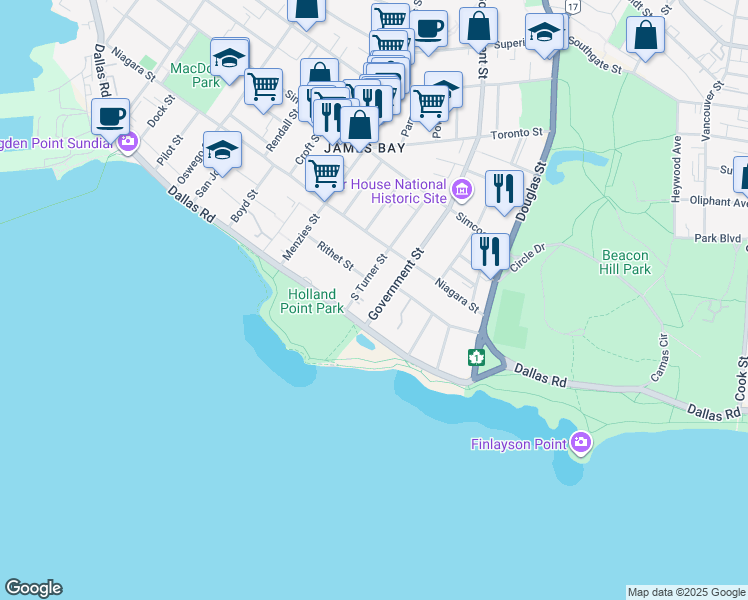 map of restaurants, bars, coffee shops, grocery stores, and more near 24 Government Street in Victoria
