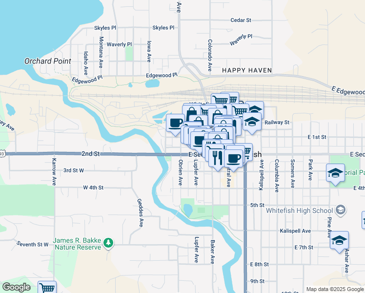 map of restaurants, bars, coffee shops, grocery stores, and more near 214 East Second Street in Whitefish