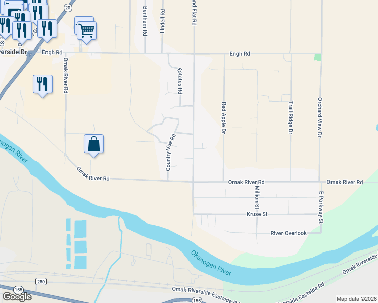 map of restaurants, bars, coffee shops, grocery stores, and more near 11 Sand Flat Road in Omak