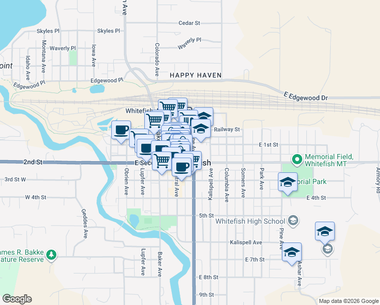 map of restaurants, bars, coffee shops, grocery stores, and more near in Whitefish