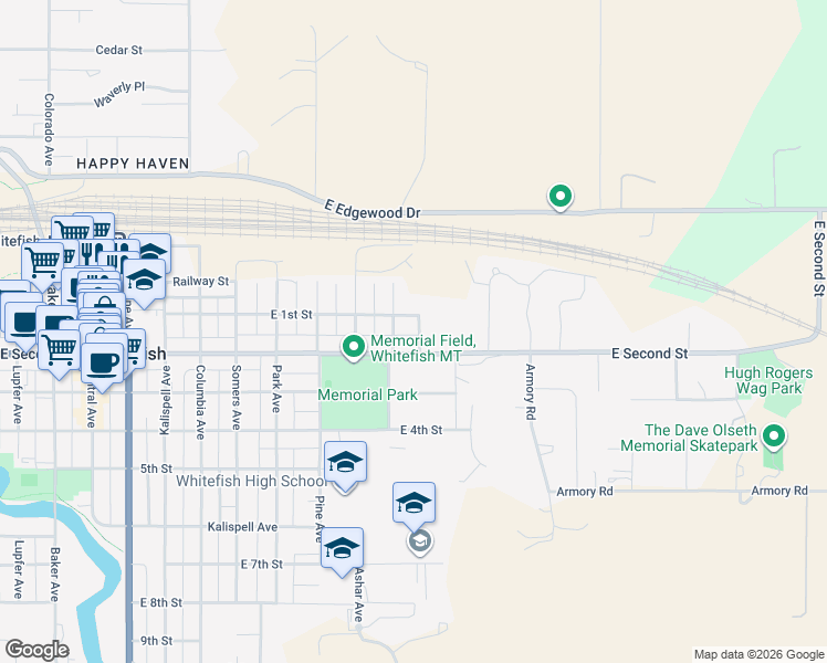 map of restaurants, bars, coffee shops, grocery stores, and more near 116 Larch Avenue in Whitefish