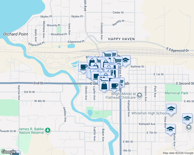 map of restaurants, bars, coffee shops, grocery stores, and more near 326 East Second Street in Whitefish