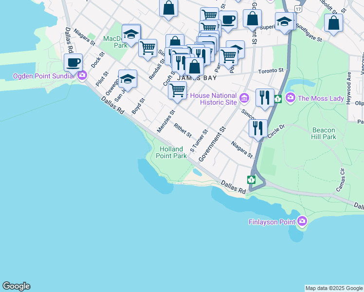 map of restaurants, bars, coffee shops, grocery stores, and more near 548 Dallas Road in Victoria