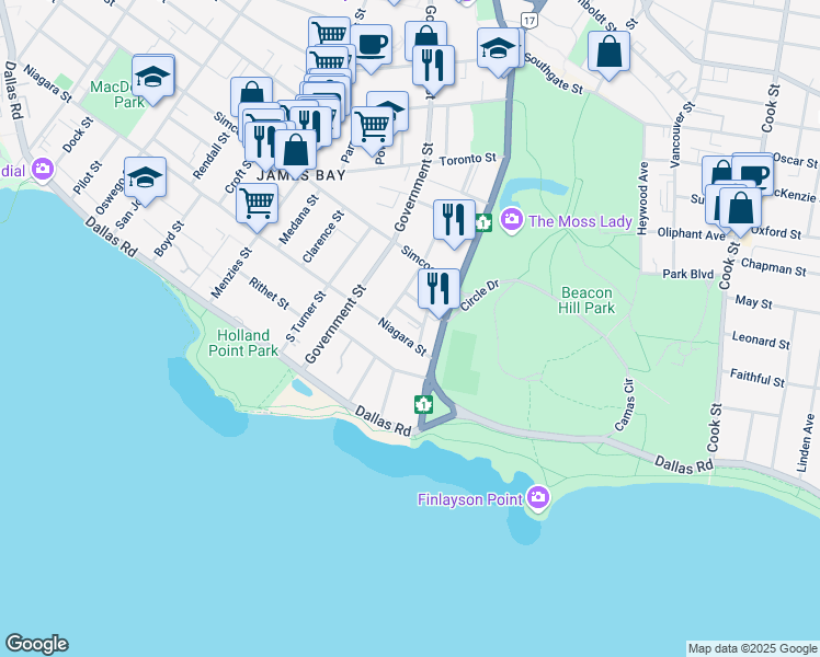 map of restaurants, bars, coffee shops, grocery stores, and more near 110 Douglas Street in Victoria
