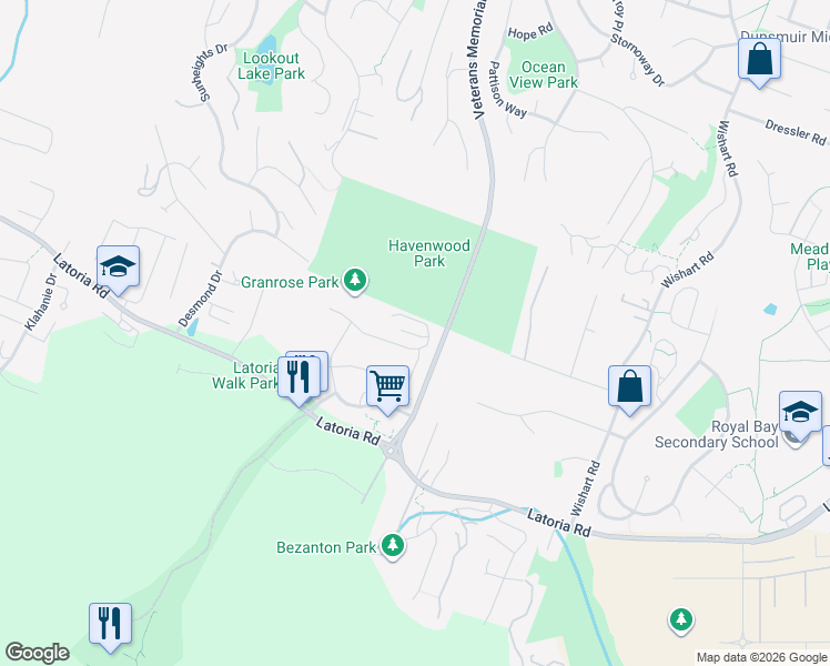 map of restaurants, bars, coffee shops, grocery stores, and more near 614 Granrose Terrace in Victoria