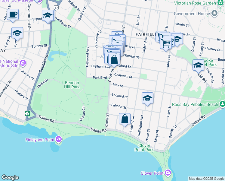 map of restaurants, bars, coffee shops, grocery stores, and more near 139 Cook Street in Victoria