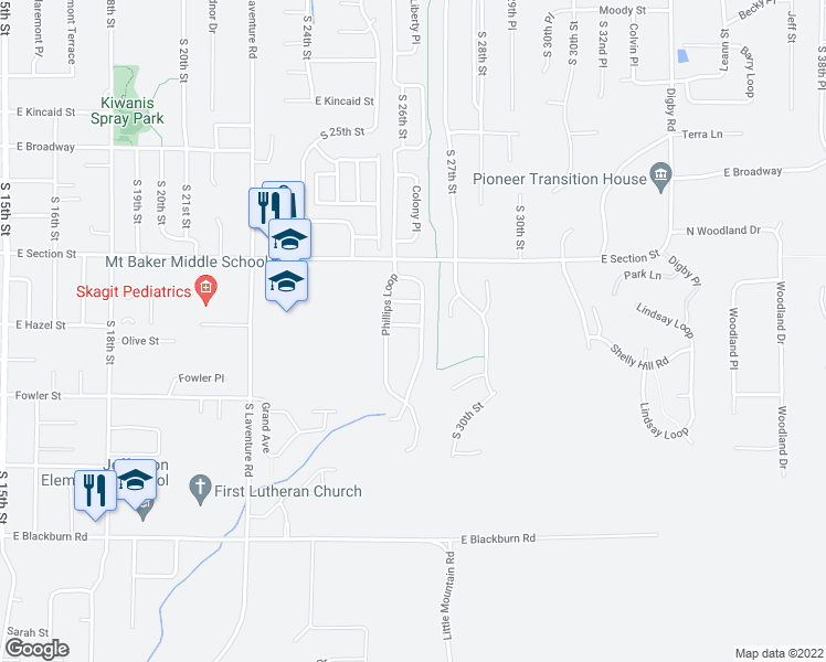 map of restaurants, bars, coffee shops, grocery stores, and more near Hasty Lane in Mount Vernon
