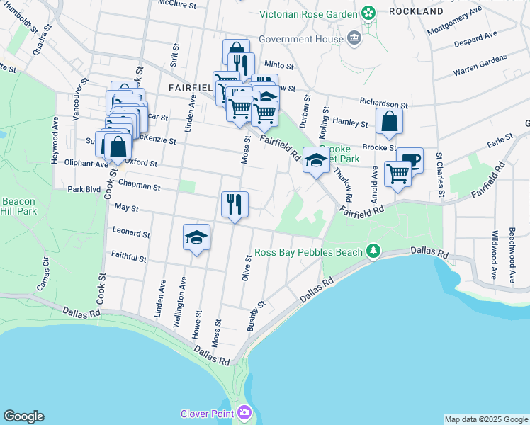 map of restaurants, bars, coffee shops, grocery stores, and more near 1341 Bond Street in Victoria