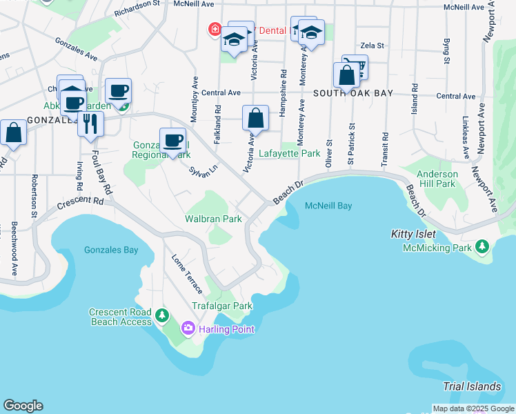 map of restaurants, bars, coffee shops, grocery stores, and more near 380 King George Terrace in Victoria