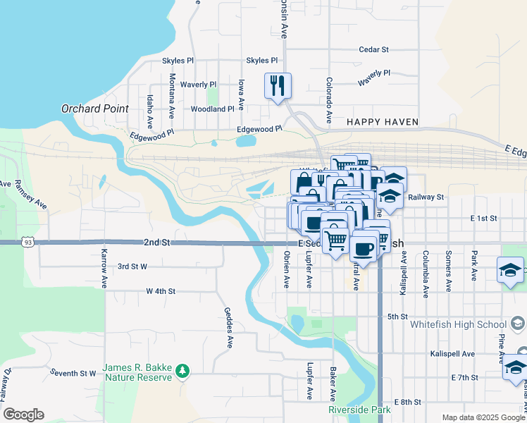 map of restaurants, bars, coffee shops, grocery stores, and more near Whitefish Bike and Pedestrian Trail in Whitefish