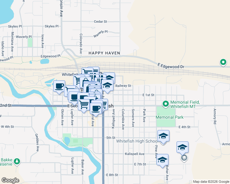 map of restaurants, bars, coffee shops, grocery stores, and more near 733 Railway Street in Whitefish