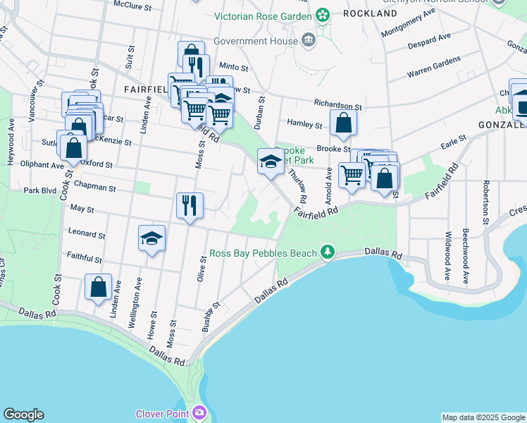 map of restaurants, bars, coffee shops, grocery stores, and more near 1433 Faircliff Lane in Victoria