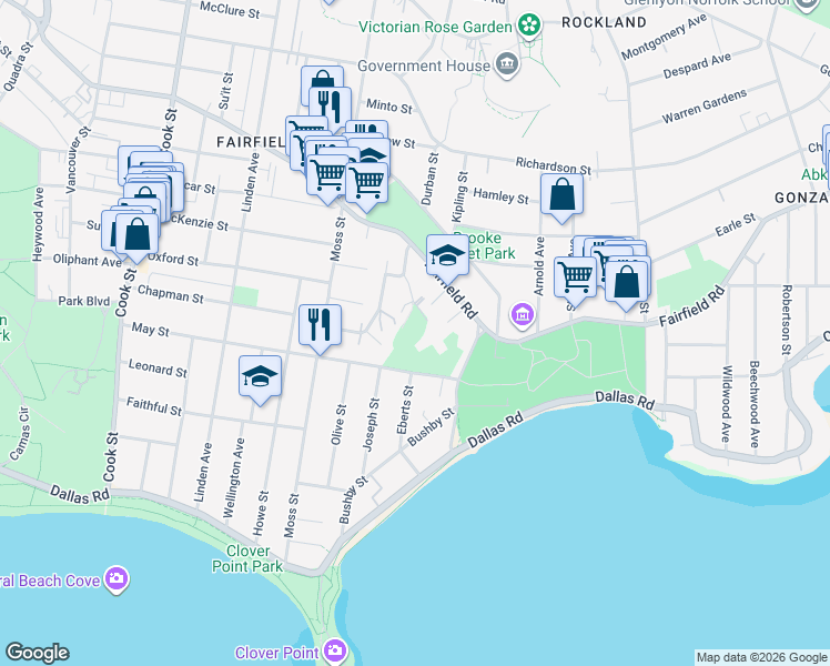 map of restaurants, bars, coffee shops, grocery stores, and more near Cook Street in Victoria