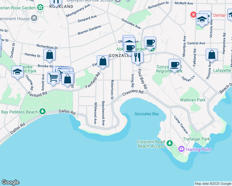 map of restaurants, bars, coffee shops, grocery stores, and more near 238 Richmond Avenue in Victoria