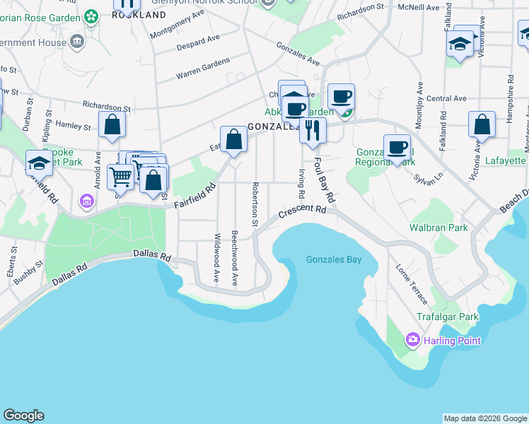 map of restaurants, bars, coffee shops, grocery stores, and more near 238 Richmond Avenue in Victoria