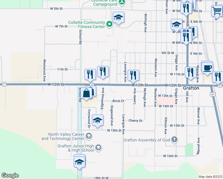 map of restaurants, bars, coffee shops, grocery stores, and more near 666 West 12th Street in Grafton