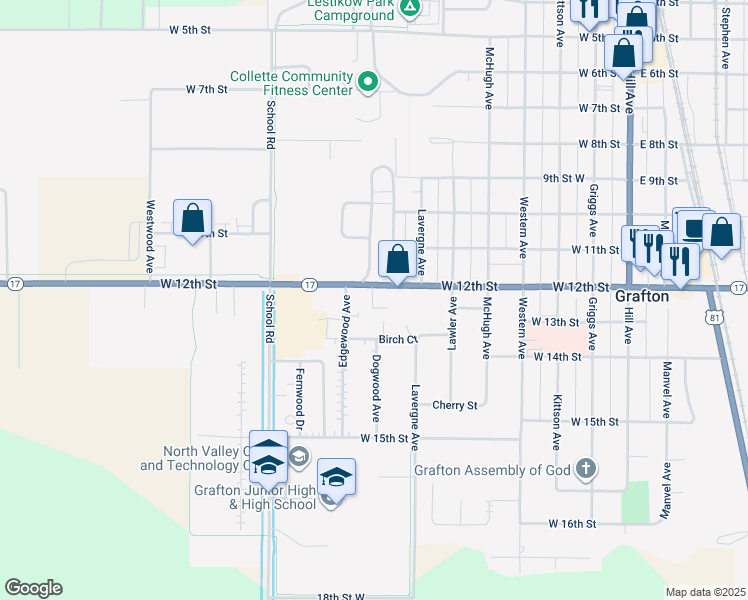 map of restaurants, bars, coffee shops, grocery stores, and more near 666 West 12th Street in Grafton