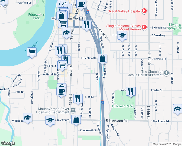 map of restaurants, bars, coffee shops, grocery stores, and more near 1313 South 7th Street in Mount Vernon