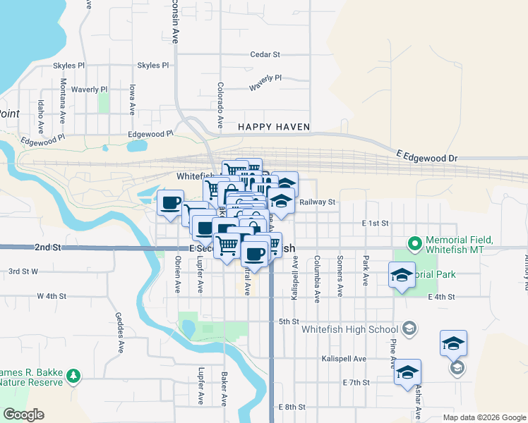 map of restaurants, bars, coffee shops, grocery stores, and more near 510 Railway Street in Whitefish