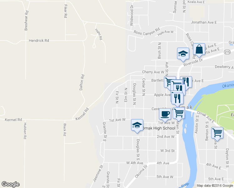 map of restaurants, bars, coffee shops, grocery stores, and more near 112 Fir St N in Omak