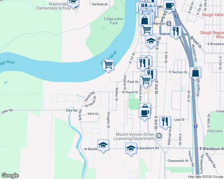 map of restaurants, bars, coffee shops, grocery stores, and more near 1315 Walter Street in Mount Vernon