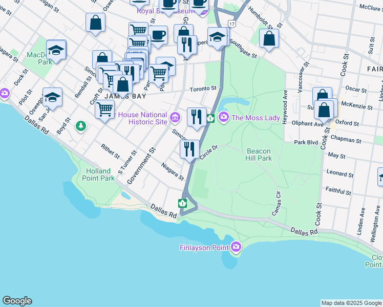 map of restaurants, bars, coffee shops, grocery stores, and more near 151 Saint Andrews Street in Victoria