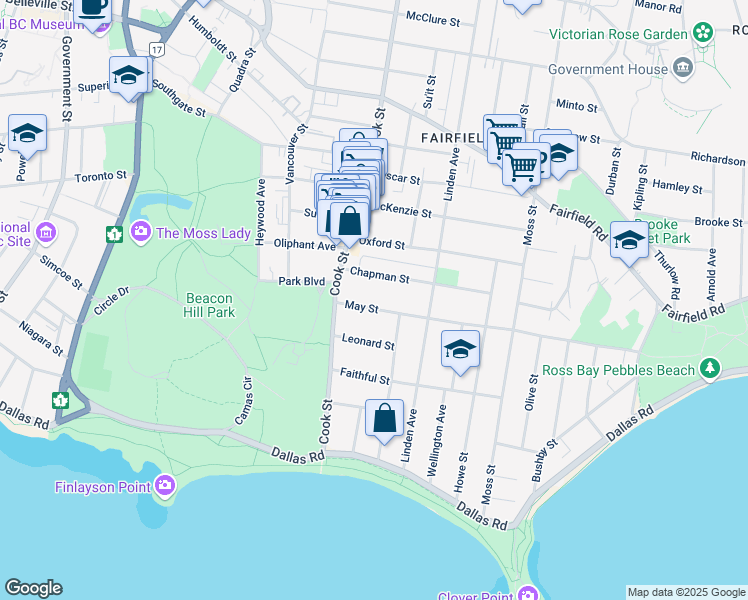map of restaurants, bars, coffee shops, grocery stores, and more near 1134 May Street in Victoria