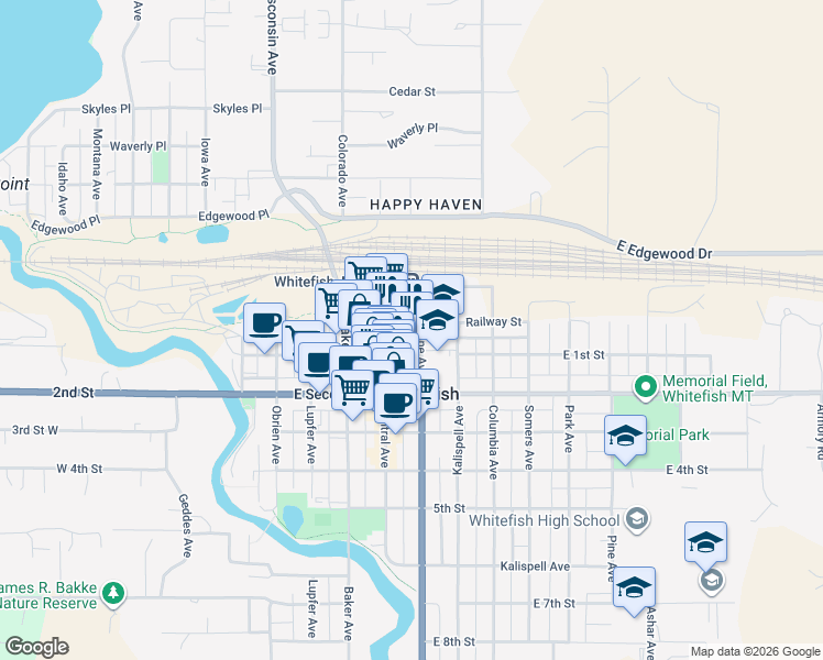 map of restaurants, bars, coffee shops, grocery stores, and more near 510-552 Railway Street in Whitefish