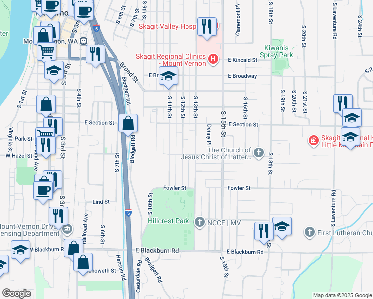 map of restaurants, bars, coffee shops, grocery stores, and more near 1315 South 12th Street in Mount Vernon