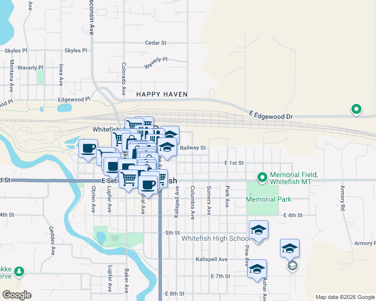 map of restaurants, bars, coffee shops, grocery stores, and more near 733 Railway Street in Whitefish