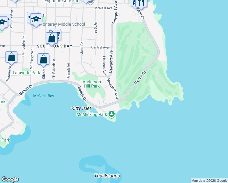 map of restaurants, bars, coffee shops, grocery stores, and more near 380 Newport Avenue in Victoria